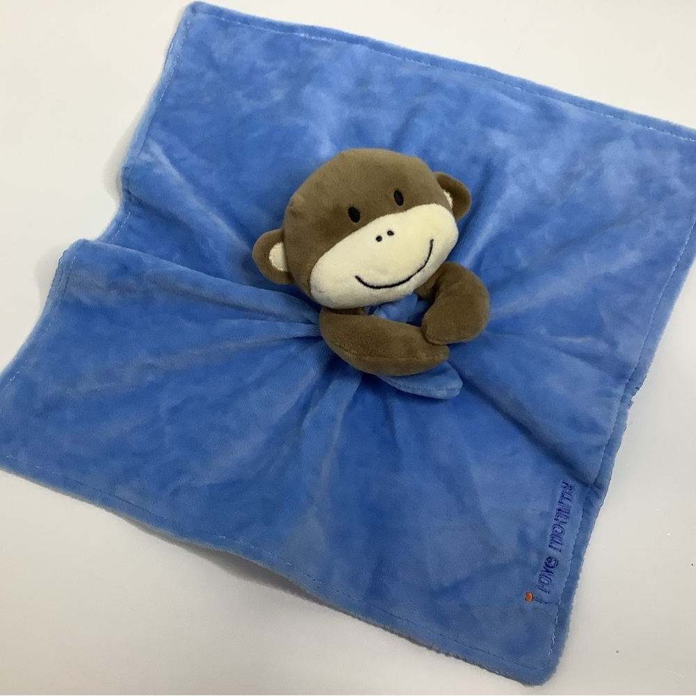 Magic Years Monkey Security Blanket I Love Mommy Blue Satin Plush Lovey Rattle